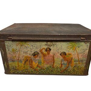 Thomas J Lipton Tea Tin Planters Hinge Lid Scenic Graphic Rustic Patina 9x6x4.5"
